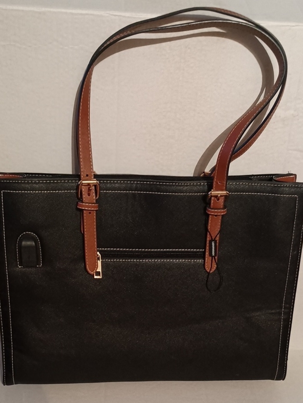 Black Laptop Tote with Brown Strap Accents